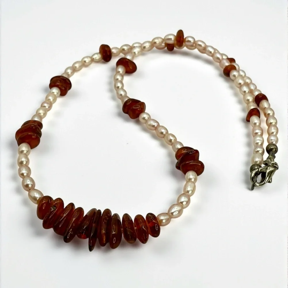 Genuine Amber & Freshwater Pearl Necklace – 18” - Picture 13 of 17